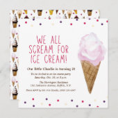 レトロアイスクリームパーティーハンド図解入りの、写真付きの- 招待状 (正面/裏面)