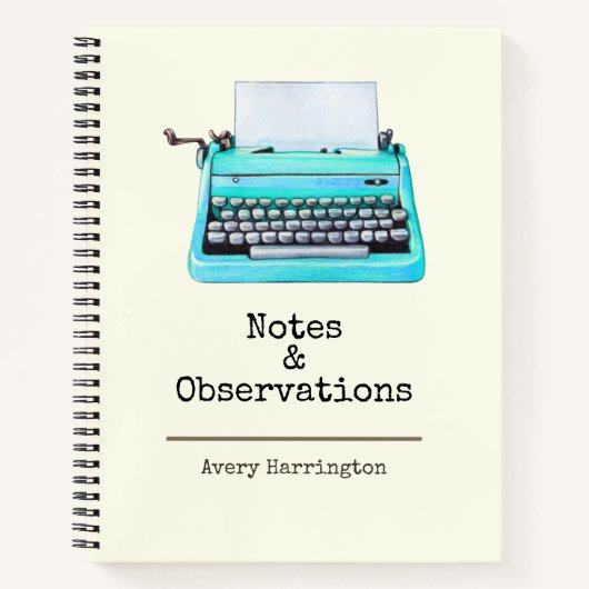 レトロアクアタイプライターパーソナライズされたヴィンテージ ノートブック (正面)