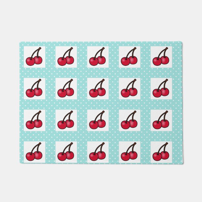 レトロアクアドットとさくらんぼ ドアマット (正面)