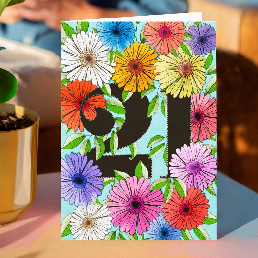 レトロアクアブルーパーソナライズされた21歳の誕生日フローラ カード