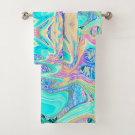 レトロアクアブルーリキッドアートオン抽象芸術アジサイ バスタオルセット