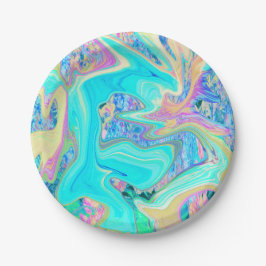 レトロアクアブルーリキッドアートオン抽象芸術アジサイ ペーパープレート