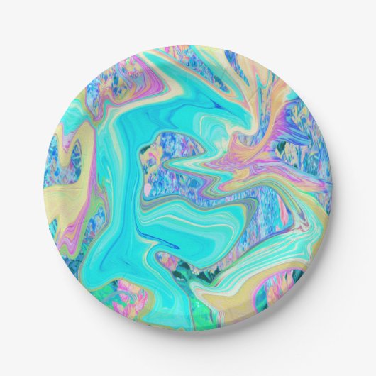 レトロアクアブルーリキッドアートオン抽象芸術アジサイ ペーパープレート (正面)