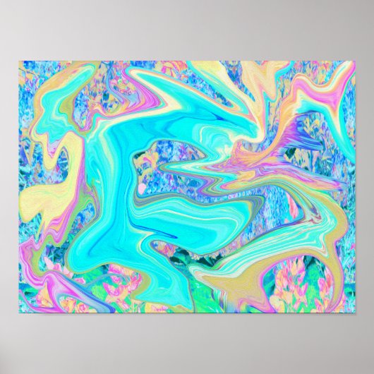 レトロアクアブルーリキッドアートオン抽象芸術アジサイ ポスター (正面)