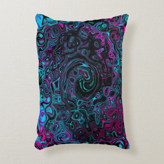 レトロアクアマゼンタおよびブラック抽象芸術スワール アクセントクッション (正面(垂直))