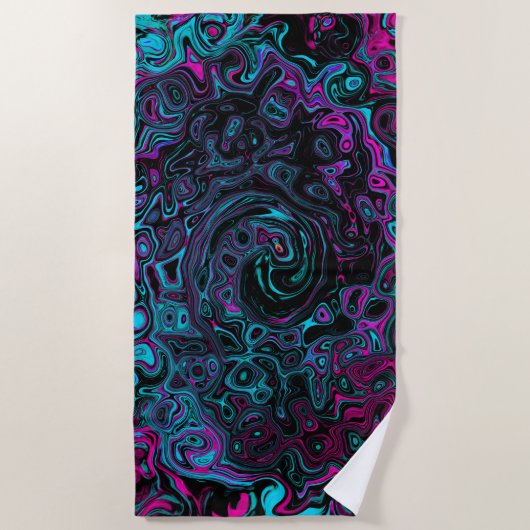 レトロアクアマゼンタおよびブラック抽象芸術スワール ビーチタオル (正面)