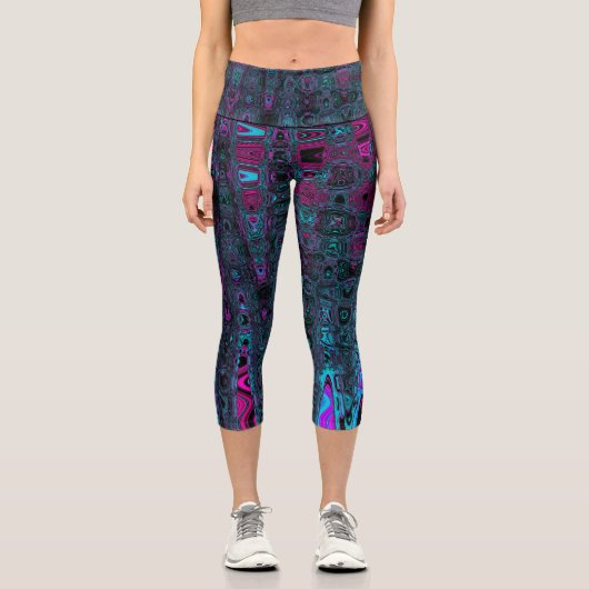 レトロアクアマゼンタおよびブラック抽象芸術波 カプリレギンス (正面)