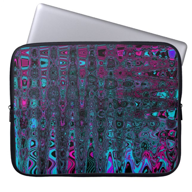 レトロアクアマゼンタおよびブラック抽象芸術波 ラップトップスリーブ (正面)