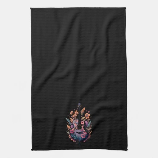 レトロアコースティックギターフラワーズヒッピーGroovy キッチンタオル (縦)