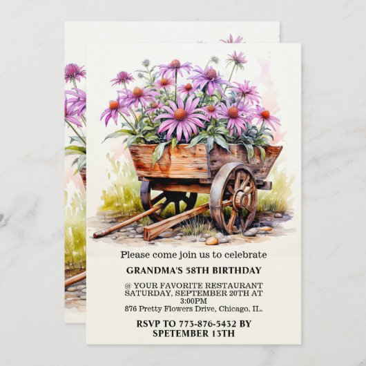 レトロアスターフラワーイラストレーションアートバースデーパーティー 招待状 (正面/裏面)