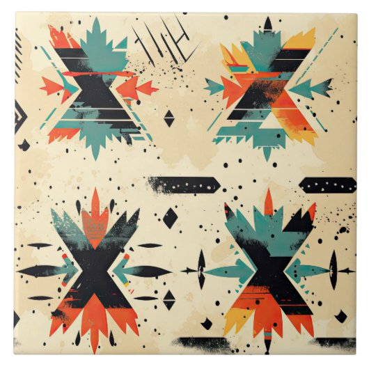 レトロアステカ模様抽象芸術オレンジ タイル (正面)