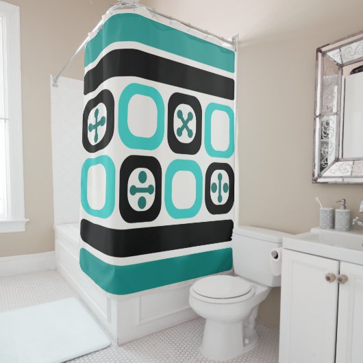 レトロアトミックアートスクウェアラインズターコイズ シャワーカーテン (インサイチュ)