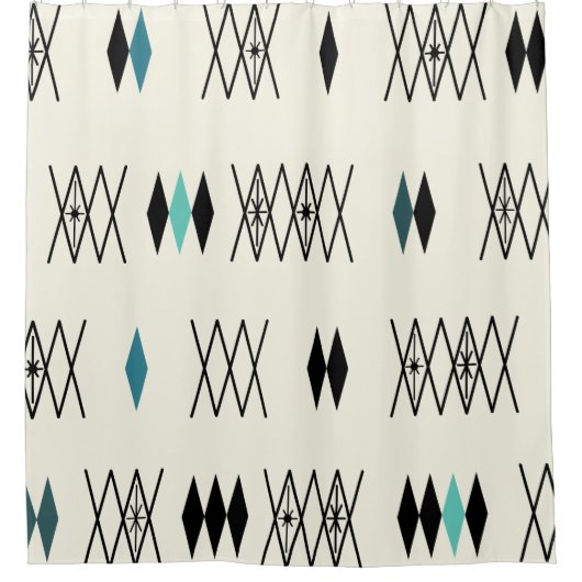 レトロアトミックエラダイアモンズパターンターコイズ シャワーカーテン (正面)