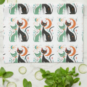 レトロアトミックキャッツブラックターコイズ キッチンタオル (折り畳み)