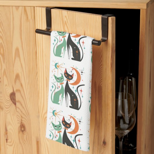 レトロアトミックキャッツブラックターコイズ キッチンタオル (三つ折り)