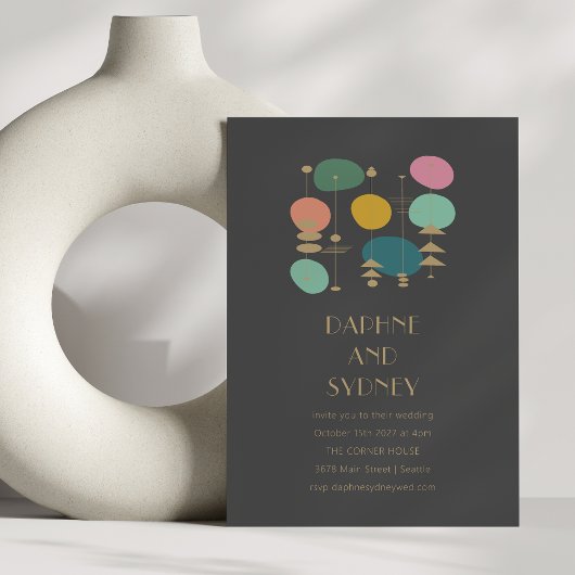 レトロアトミックブラックミッドセンチュリーモダンシック結婚ズ 招待状