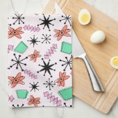 レトロアトミック形状ピンクオレンジ&グリーン キッチンタオル (四つ折り)