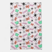 レトロアトミック形状ピンクオレンジ&グリーン キッチンタオル (縦)