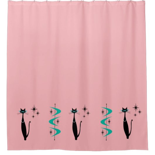 レトロアトミック時代ミッドセンチュリーモダンMCMキティ猫 シャワーカーテン (正面)