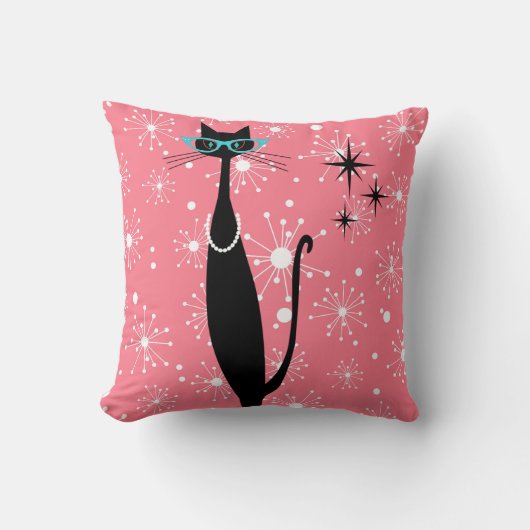 レトロアトミック時代ミッドセンチュリーモダンMCMブラックキャット クッション (正面)