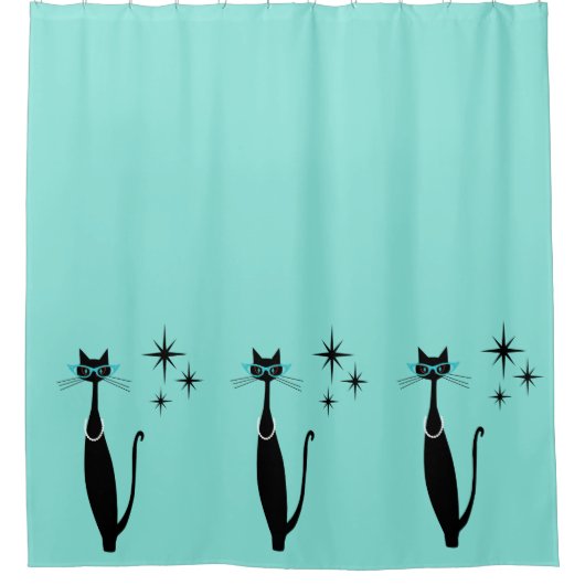 レトロアトミック時代ミッドセンチュリーモダンMCMブラックキャット シャワーカーテン (正面)