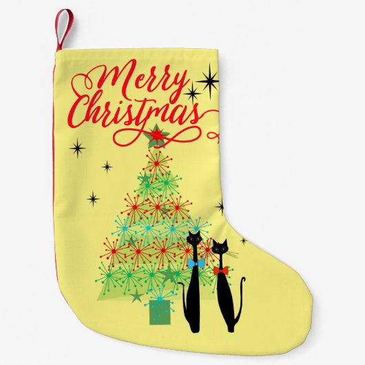 レトロアトミック時代MCMキャットクールクリスマスツリー スモールクリスマスストッキング (正面)