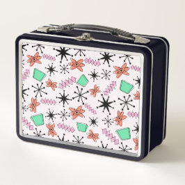 レトロアトミックMCMピンクオレンジグリーンブラック メタルランチボックス