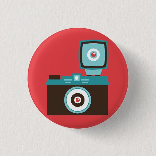レトロアナログカメラ(ブラウン/ブルーしゃれている) 缶バッジ (正面)