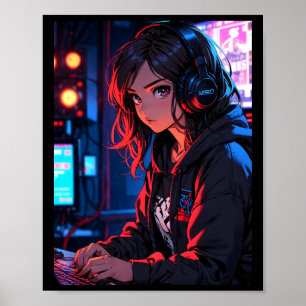 レトロアニメ少女ゲーマー サイバーパンク ストリーミングセット S ポスター