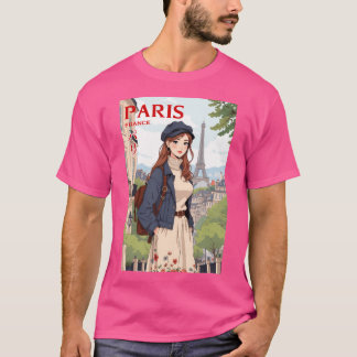 レトロアニメ旅行若い女性inパリフランス tシャツ