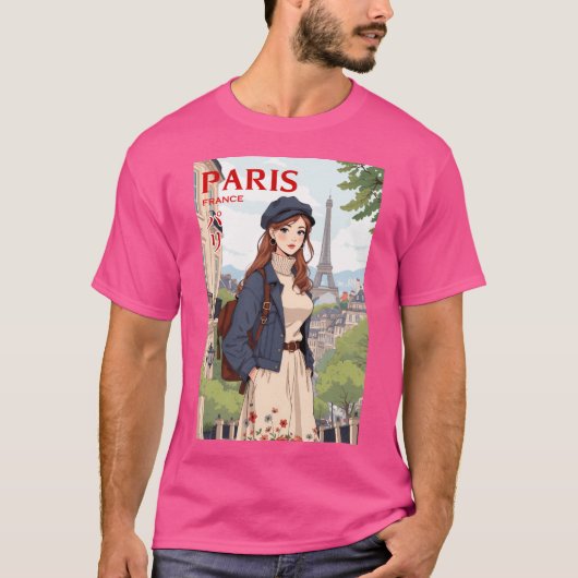 レトロアニメ旅行若い女性inパリフランス tシャツ (正面)