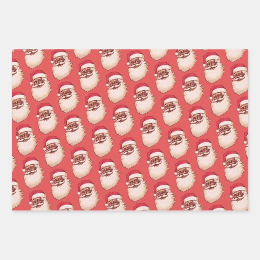 レトロアフリカンアメリカンブラックサンタ顔クリスマス ラッピングペーパーシート (正面)