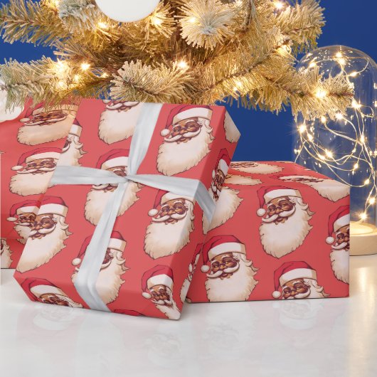 レトロアフリカンアメリカンブラックサンタ顔クリスマス ラッピングペーパー (クリスマス)