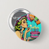 レトロアポップ・アートのートピンナップ女性パーソナライズされた誕生日 缶バッジ (正面&裏面)