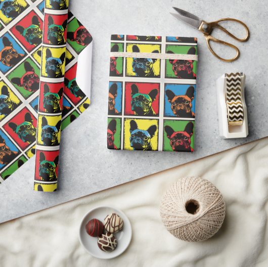 レトロアポップ・アートのートブルフランスのドッググリッドデザイン ラッピングペーパー (クラフト)