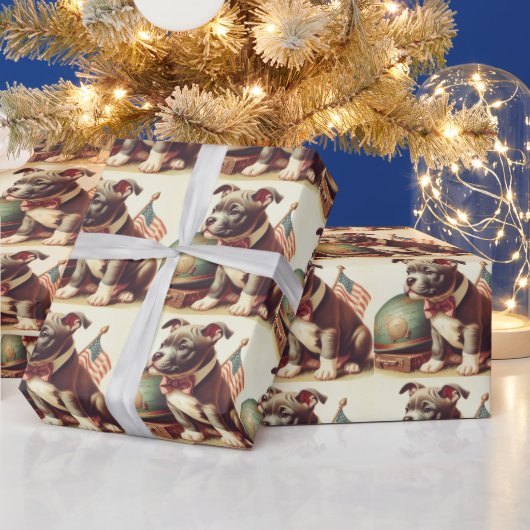 レトロアメリカンピットブルテリア絵を描ズ ラッピングペーパー (クリスマス)
