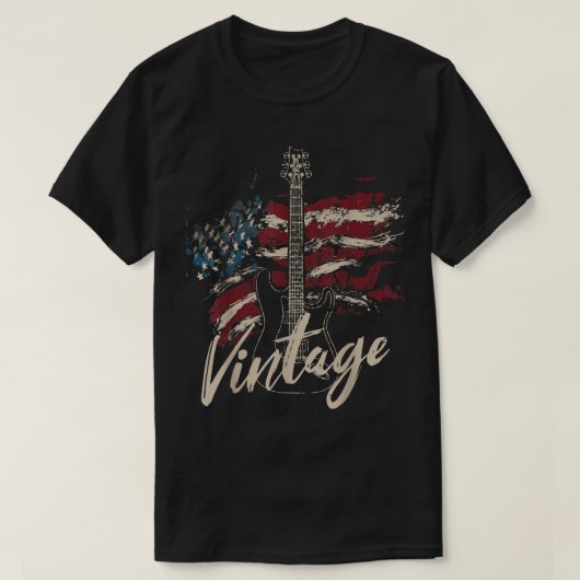レトロアメリカ国旗のギター7月4日愛国的なギター Tシャツ (デザイン正面)
