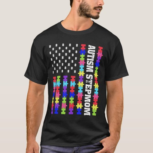 レトロアメリカ国旗の自閉症継母パズル自閉症戦争 Tシャツ (正面)