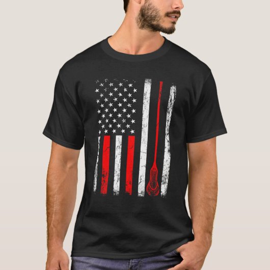 レトロアメリカ国旗ラクロスラックスヘルメットスティック4th tシャツ (正面)