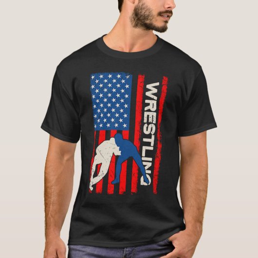 レトロアメリカ愛国的レスリングアパレル米国国旗 Tシャツ (正面)