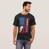 レトロアメリカ愛国的レスリングアパレル米国国旗 Tシャツ (正面フル)