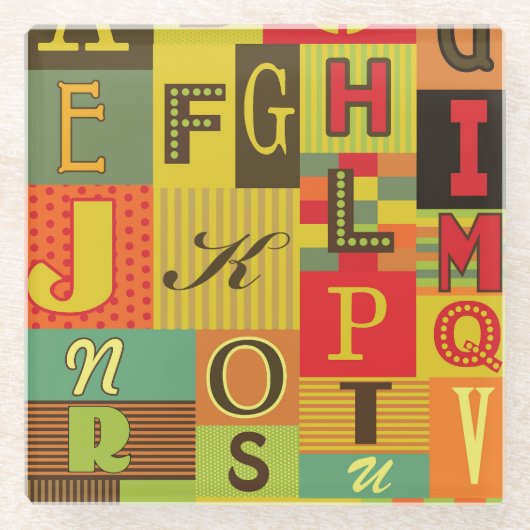 レトロアルファベット、ヴィンテージの魅力 ガラスコースター (正面)