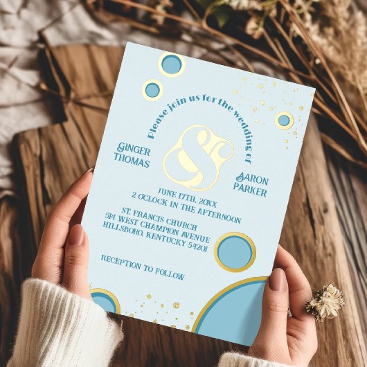 レトロアンパサンド青結婚円Groovy金ゴールド 箔招待状