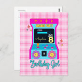 レトロアーケードゲームの誕生日パーティー 青とピンク ポストカード (正面/裏面)