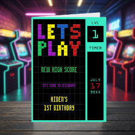 レトロアーケードゲームキッズ1st誕生日 サンキューカード