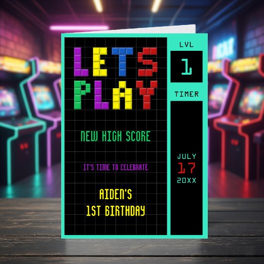 レトロアーケードゲームキッズ1st誕生日 サンキューカード