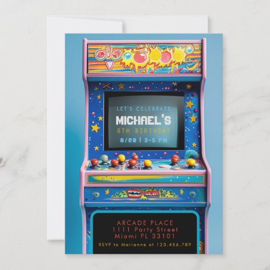 レトロアーケードゲームバースデーパーティー 招待状 (正面)