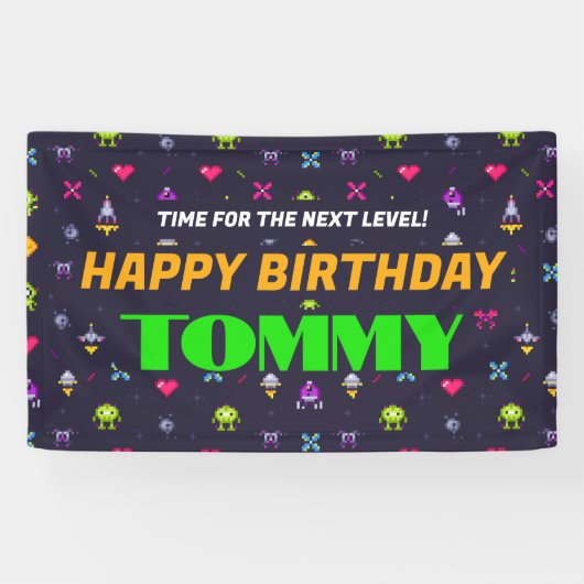 レトロアーケードゲームパターン誕生日パーティー 横断幕 (横)