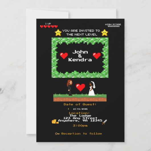 レトロアーケードビデオゲームの結婚式招待状 招待状 (正面)