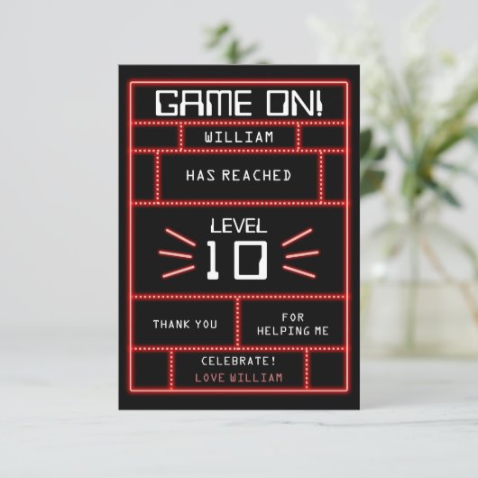 レトロアーケードビデオゲームネオン子供の誕生日 サンキューカード (スタンド正面)